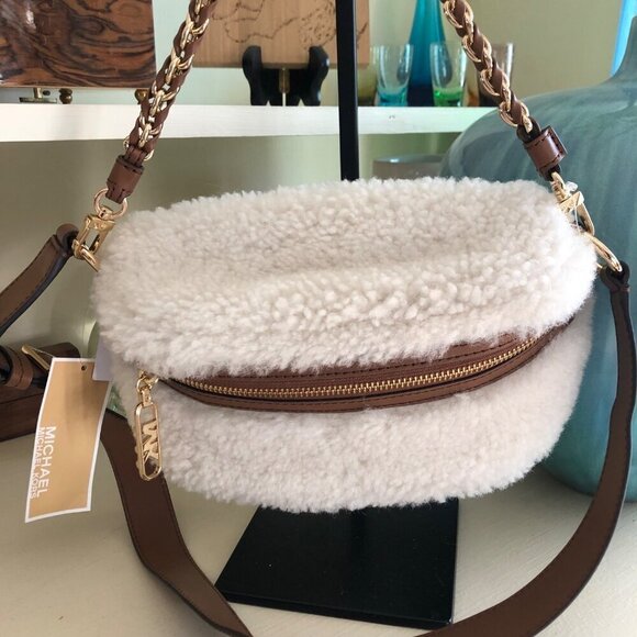 NWT MICHAEL KORS Sling Sherpa Gold Chain Messenger Handbag with Leather Trim - Picture 1 of 12